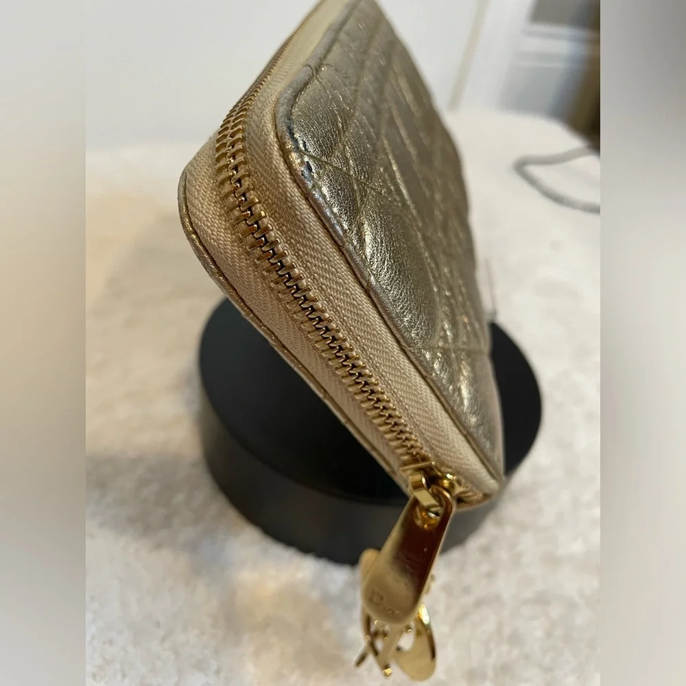 EUC Lady Dior Voyageur Cannage Gold Leather Zip Around Wallet with Logo charm